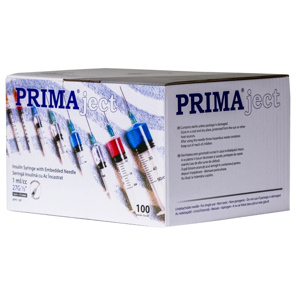 Seringi pentru insulina PRIMA, ac incastrat 27G, 1 ml - 100 bucati