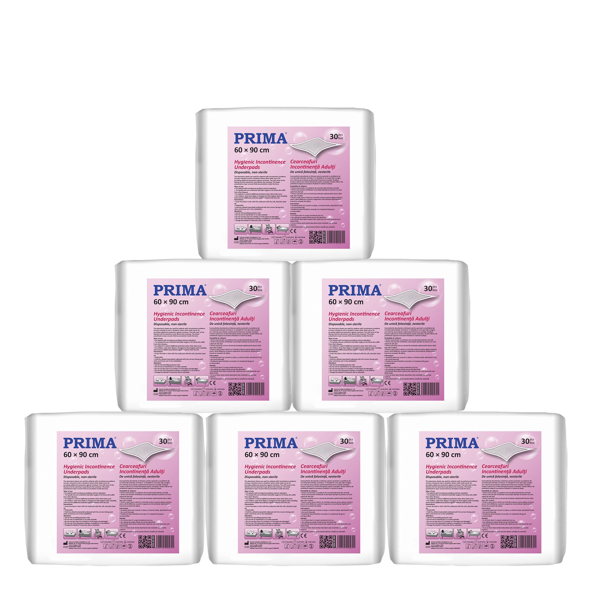 Pachet cearceafuri pentru incontinenta PRIMA, pentru adulti, 60x90cm, 30 bucati/set, 6 seturi