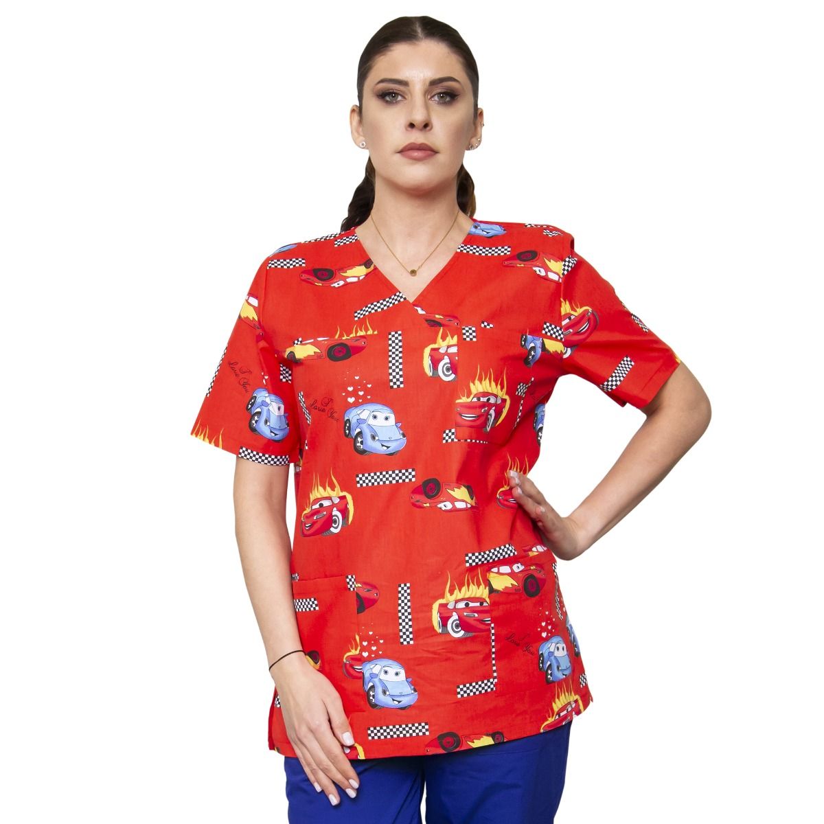 Bluza medicala unisex VED Imprimeu, maneca scurta, 3 buzunare, model pediatric cu masinute, XS