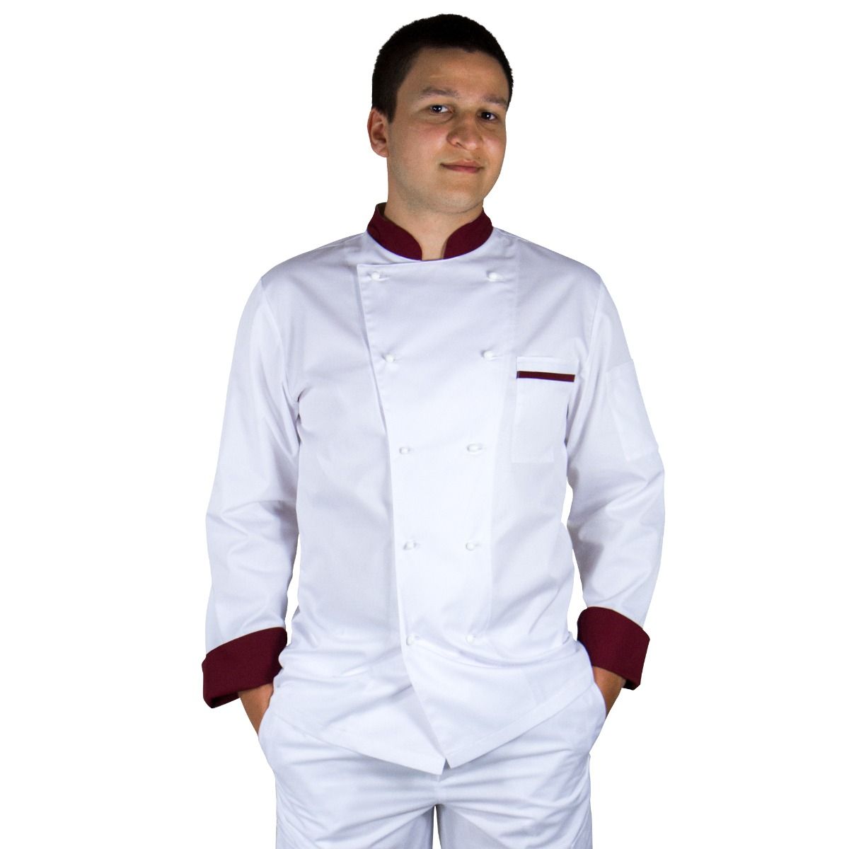 Camasa bucatar barbati DIMA Premium, maneca lunga, guler tunica, inchidere butoni, alb bordura grena, L
