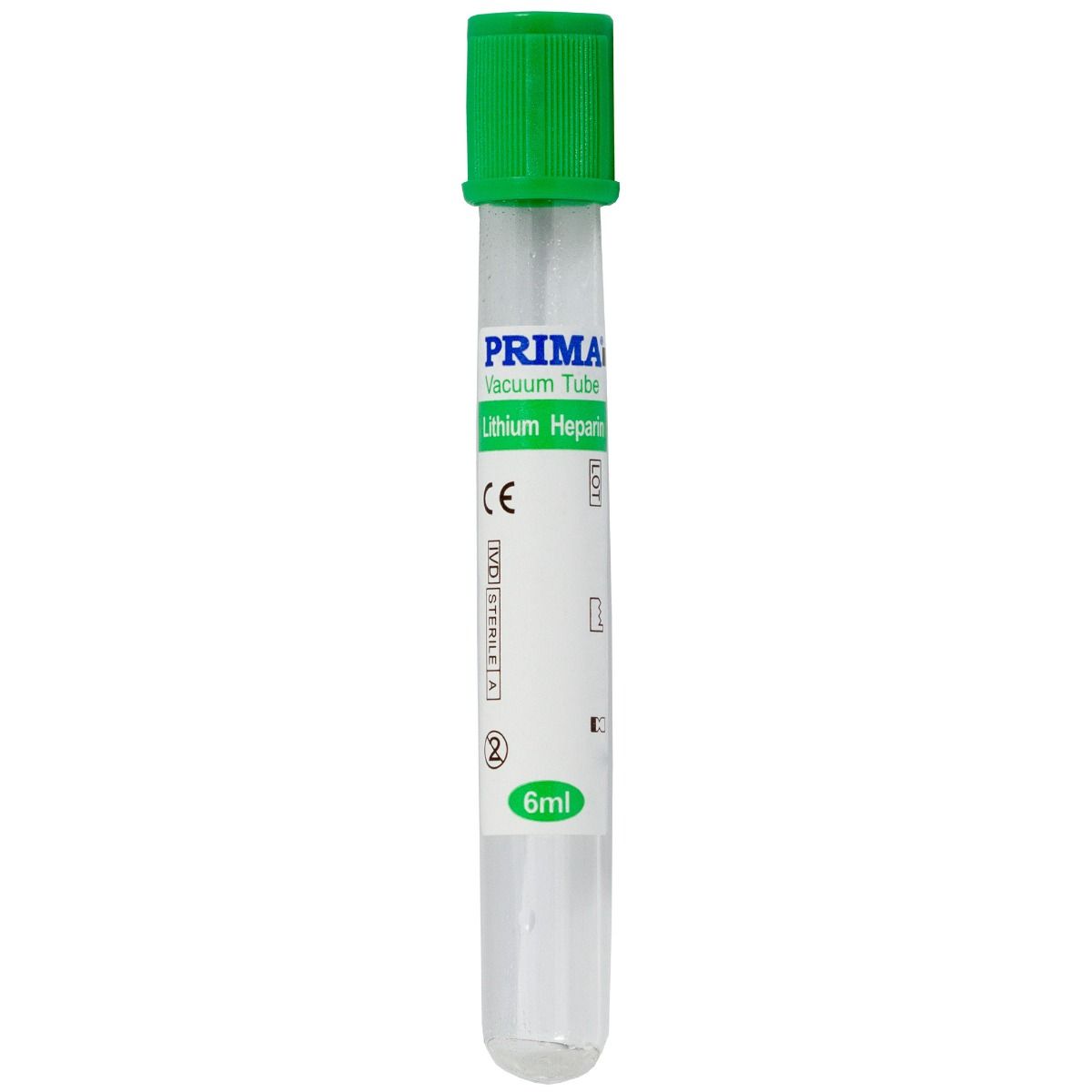 Vacutainer Litiu Heparina 6 ml, Tub din Sticla pentru Plasma, Capac Verde, PRIMA, 100 bucati