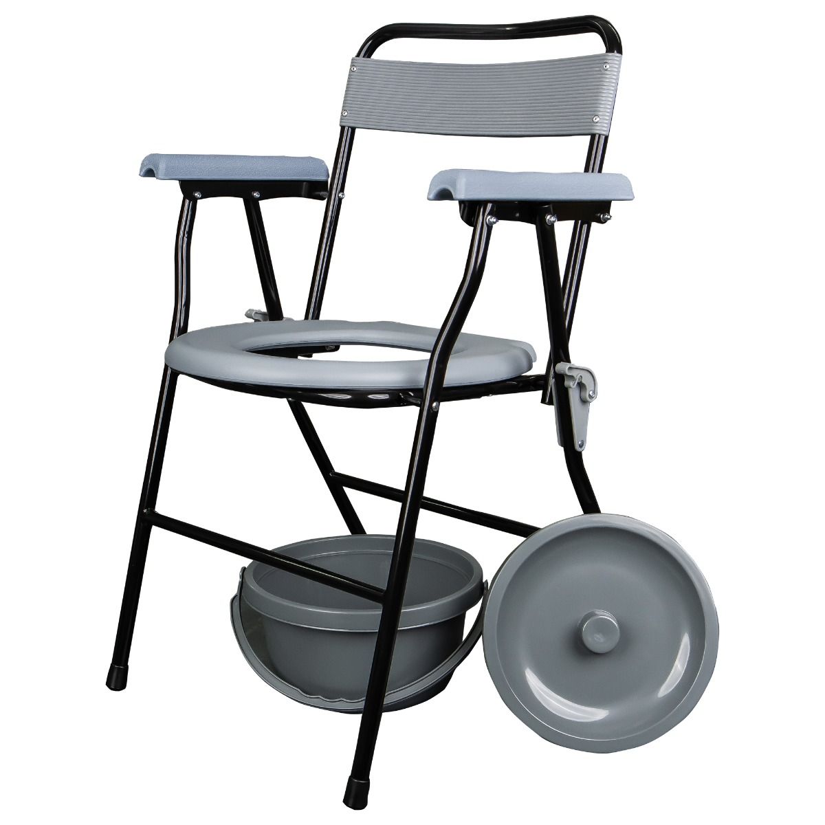 Scaun WC pentru batrani JL899, pliabil, cu recipient detasabil, cotiere si spatar, 100 kg