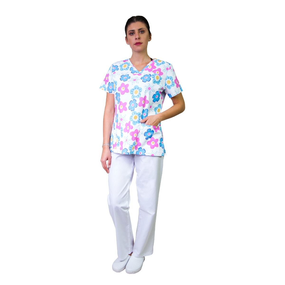 Bluza dama TINA Imprimeu flori albastre/roz, XS - Uniforma Medicala