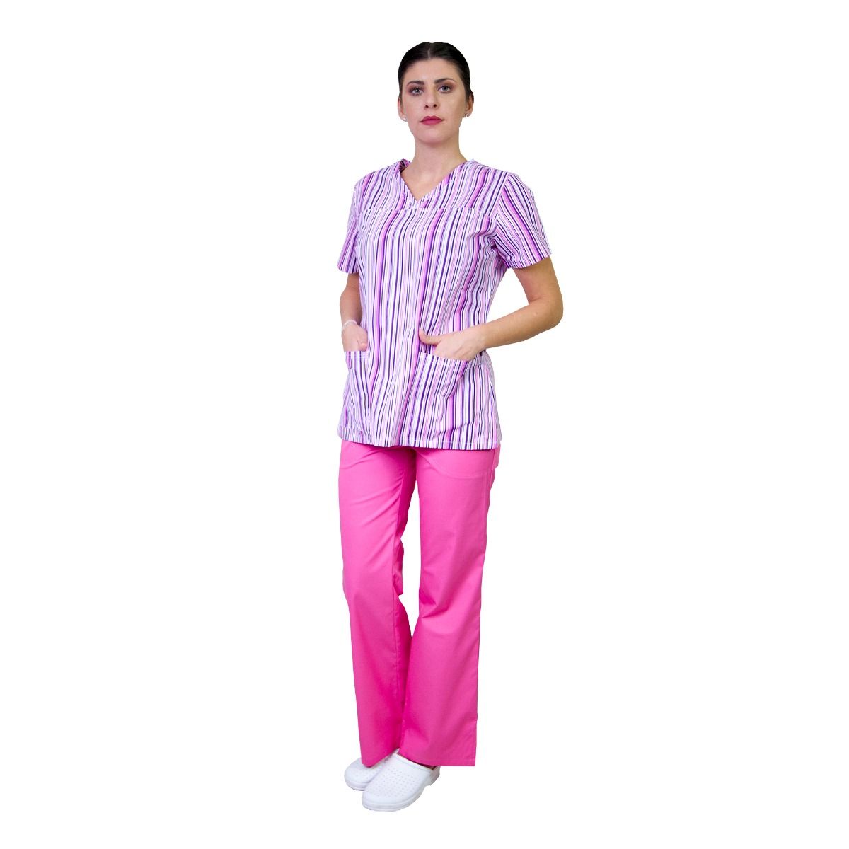 Bluza dama TINA Imprimeu dungi mov, XS - Uniforma Medicala