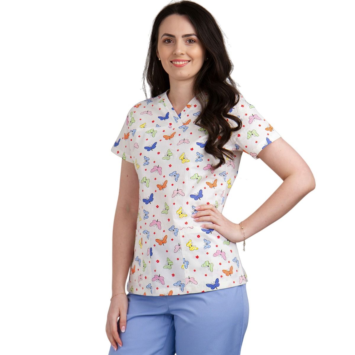 Bluza dama TINA Imprimeu fluturi si flori, XS - Uniforma Medicala