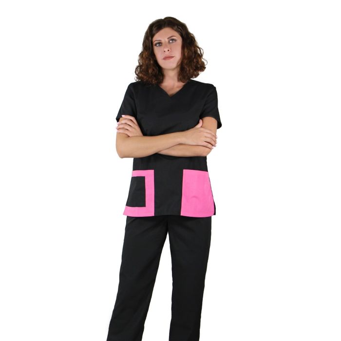 Bluza dama TINA Clasic neagra cu bordura roz inchis - Uniforma Medicala