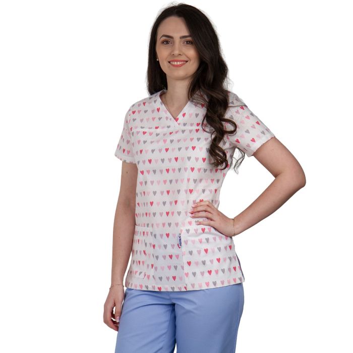 Bluza dama TINA Imprimeu inimi alb-roz - Uniforma Medicala