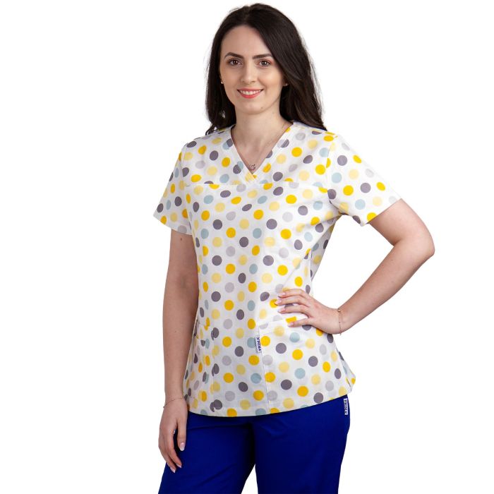 Bluza dama TINA Imprimeu buline galbene/gri - Uniforma Medicala