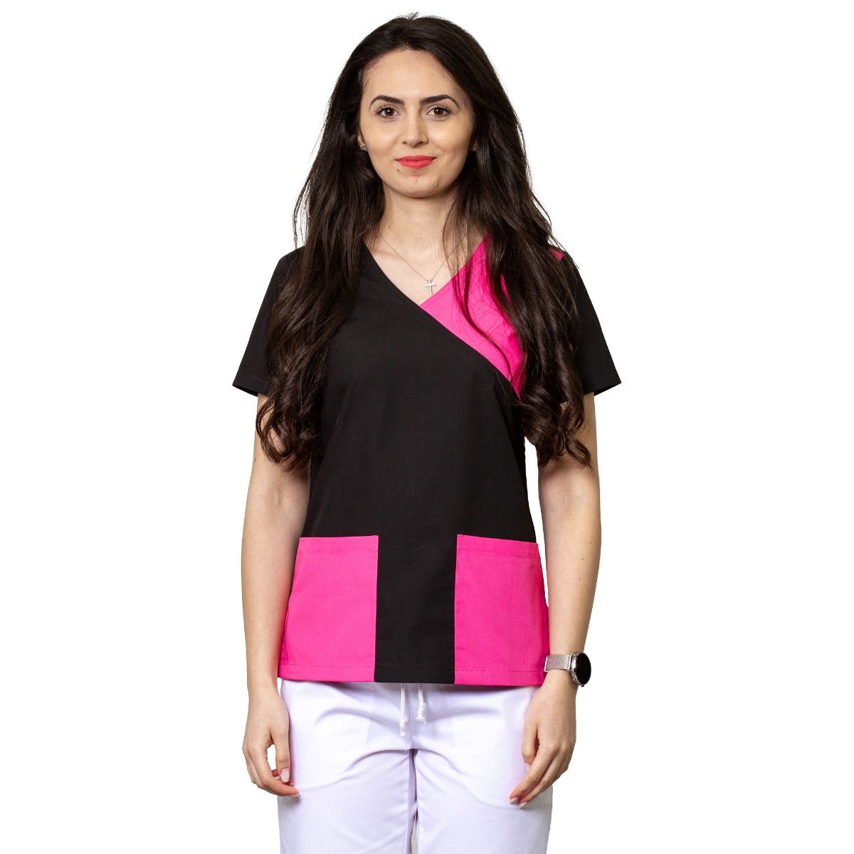 Bluza dama MIRA Clasic neagra cu bordura roz inchis - Uniforma Medicala
