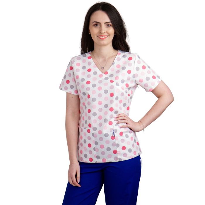 Bluza dama MIRA Imprimeu buline roz/gri - Uniforma Medicala