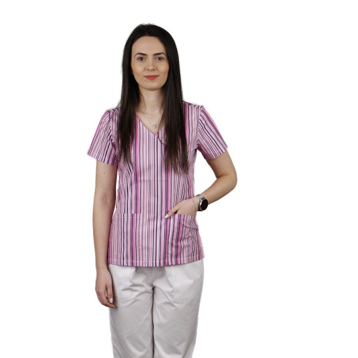 Bluza dama MIRA Imprimeu dungi mov - Uniforma Medicala