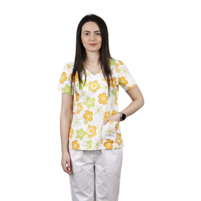 Bluza dama MIRA Imprimeu flori verzi/portocalii - Uniforma Medicala