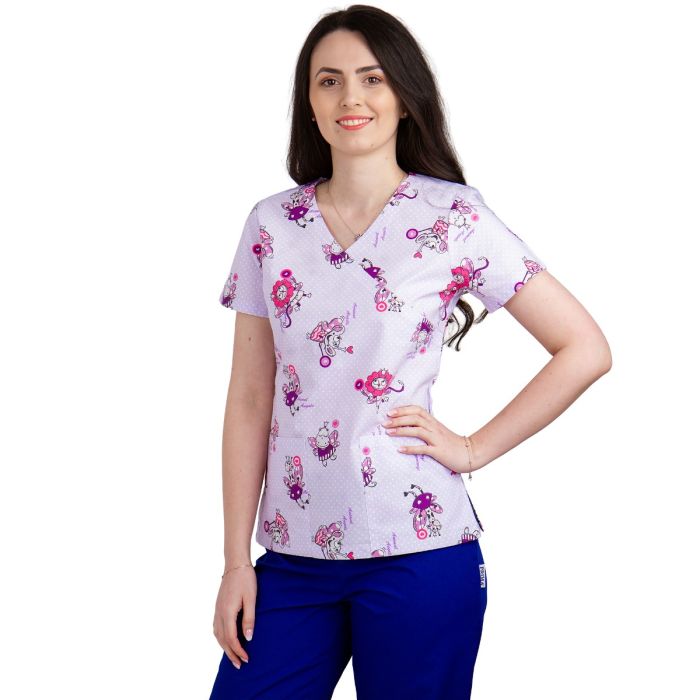 Bluza dama MIRA Imprimeu animalute si buline lila - Uniforma Medicala