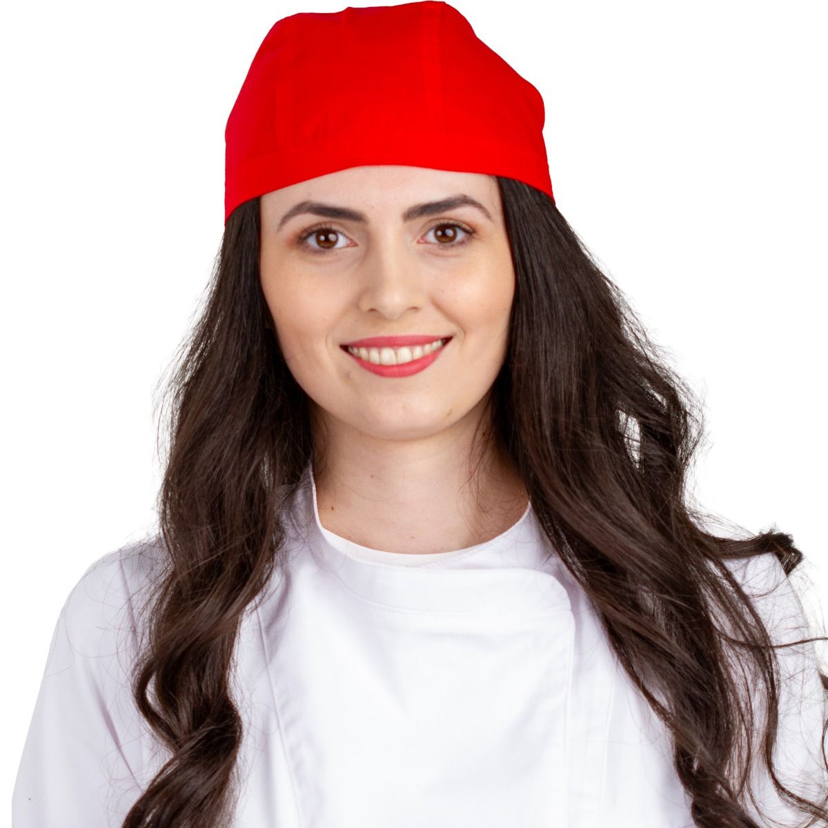 Boneta medicala moderna, cu legaturi, tercot 140g/m2, rosie