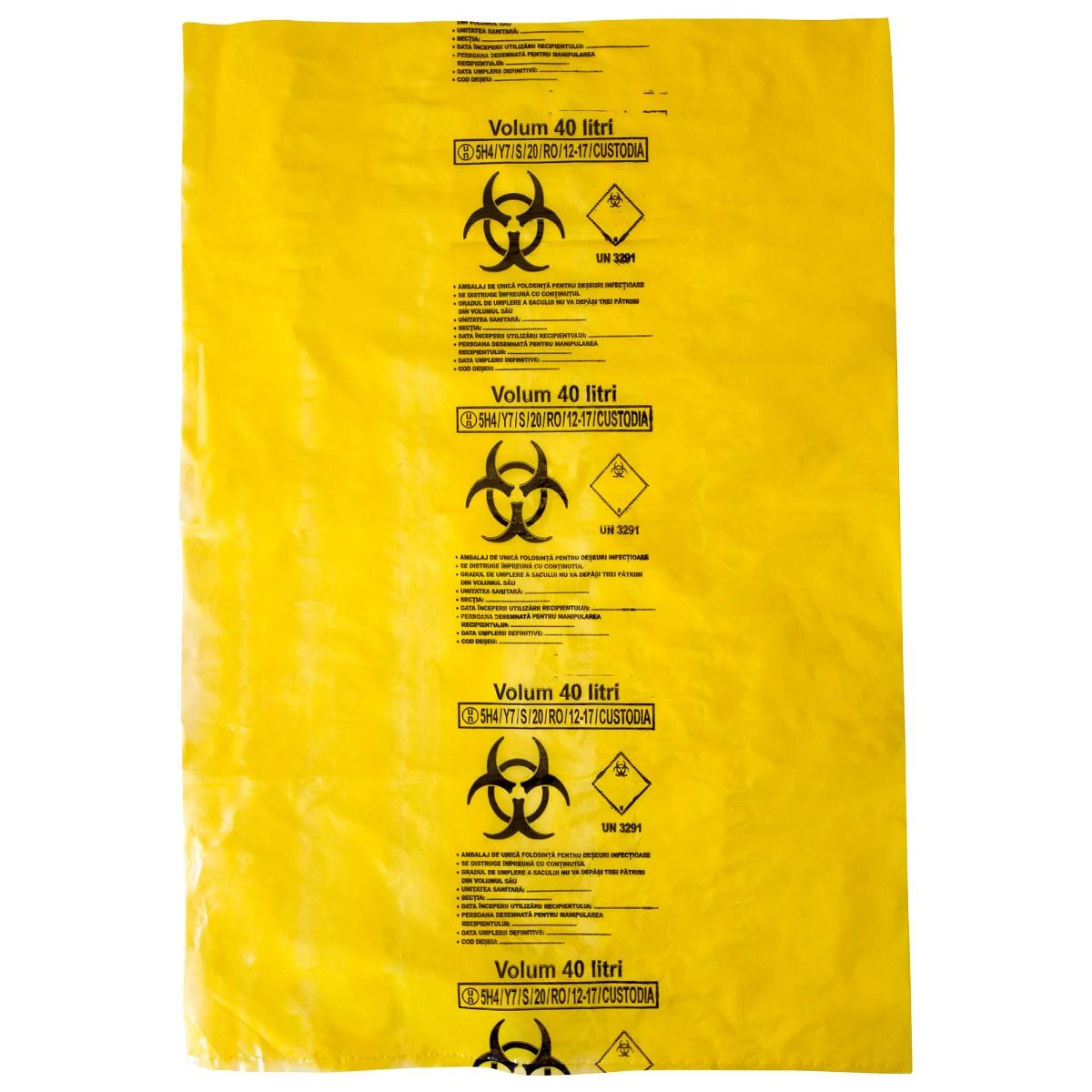 Saci galbeni pericol biologic 40L BIOHAZARD ADR, 50 microni, 50 bucati - saci deseuri medicale certificati
