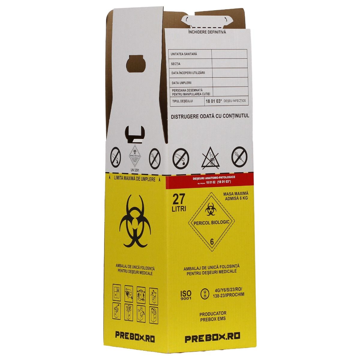 Cutie deseuri medicale 27L cu sac galben Biohazard, carton 3 straturi, ADR, pentru colectare deseuri anatomo-patologice