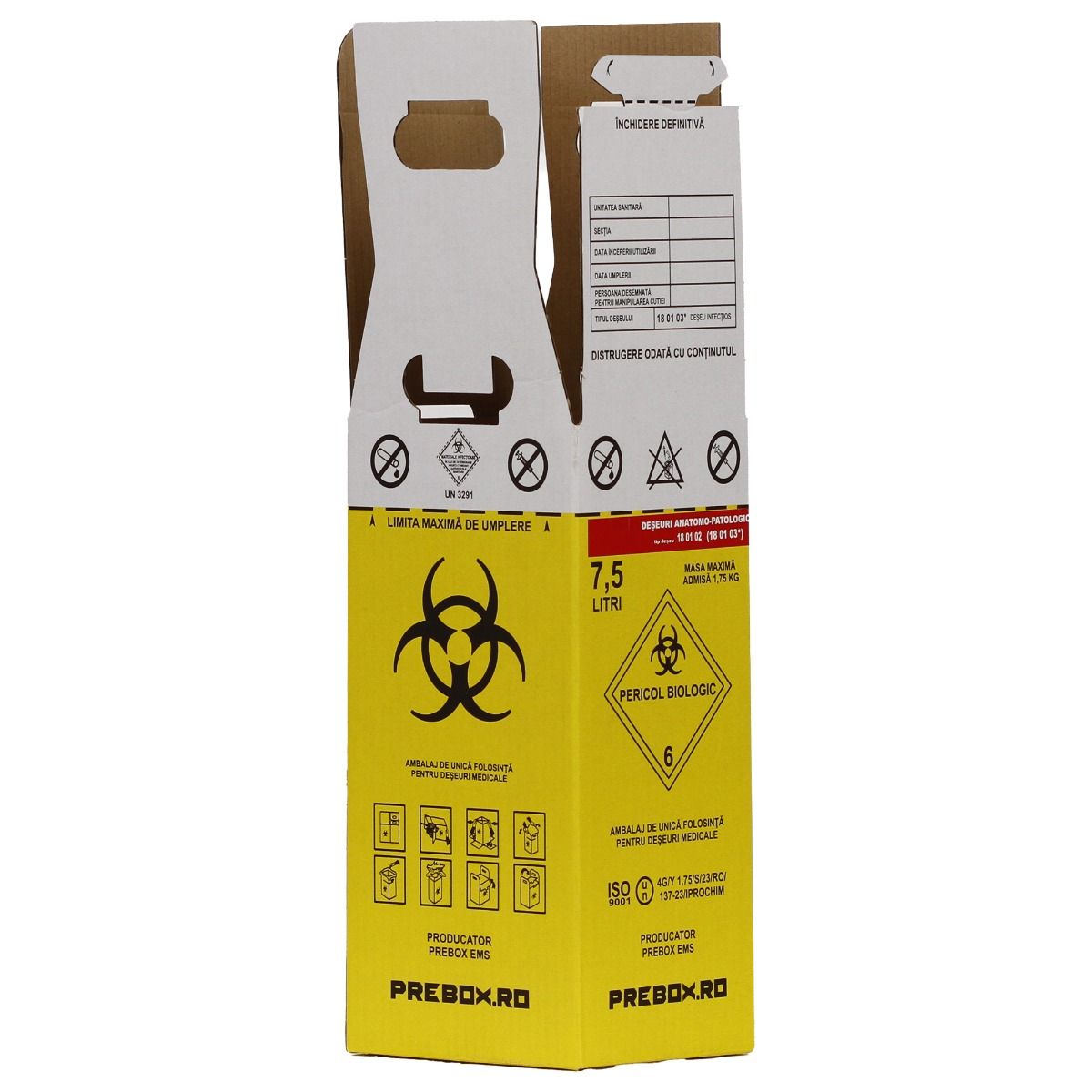 Cutie deseuri medicale 7.5L cu sac galben Biohazard, carton 3 straturi, ADR, pentru colectare deseuri anatomo-patologice