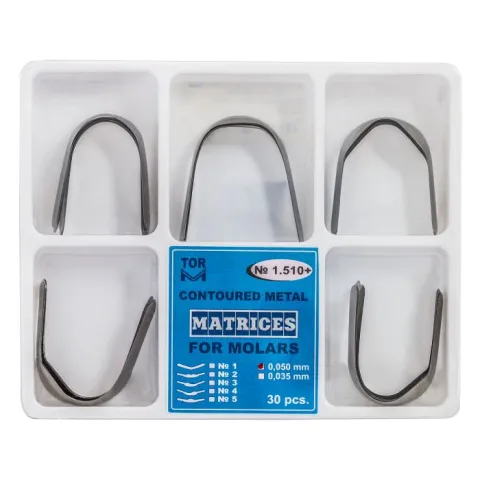 Matrici dentare metalice conturate molari, set 30 bucati, 5 tipuri (nr. 1-5), grosime 50 µ, pre-formate anatomice