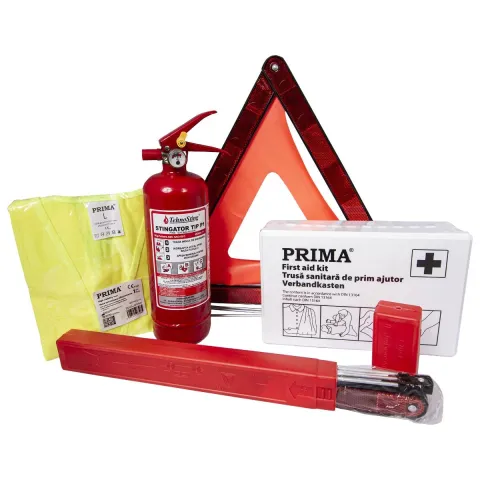 PRIMA Pachet Legislativ Auto cu Trusa Prim Ajutor DIN 13164, Stingator 1 kg, Vesta si 2 Triunghiuri