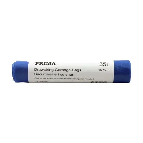 Saci de menaj PRIMA cu snur, albastri, 35L - 15 bucati/rola
