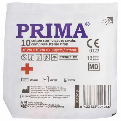Comprese sterile din tifon, PRIMA, 10x10cm, 10 bucati
