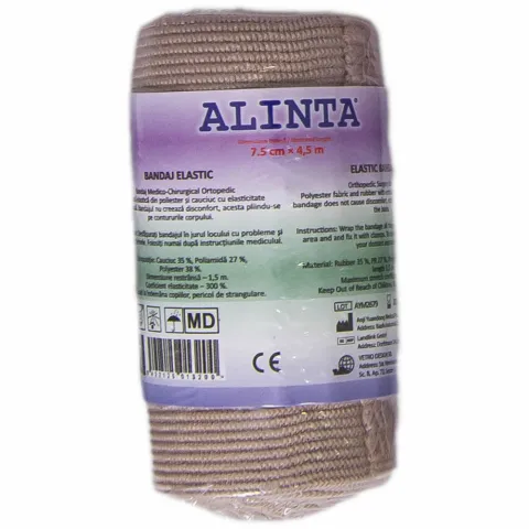 Bandaj Elastic Natur ALINTA 7.5cmx4.5m - Compresie usoara, cu cleme metalice