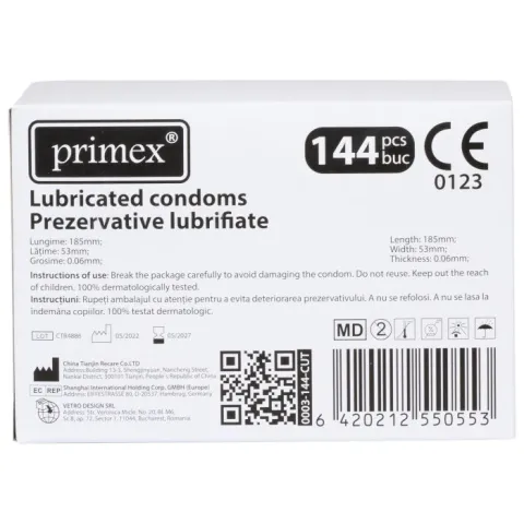 Prezervative lubrifiate din latex, PRIMEX, sterile, cu forma dreptunghiulara, transparente, 144 bucati / cutie