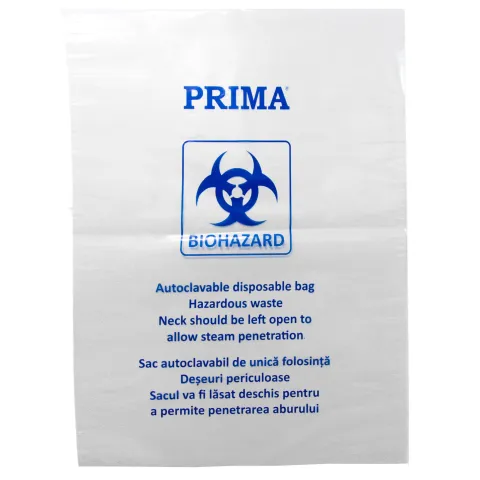 Saci transparenti autoclavabili 27L din polietilena, cu semn BIOHAZARD, 30x60cm, rezistenti la 134°C - saci deseuri medicale si pericol biologic, set 20 buc