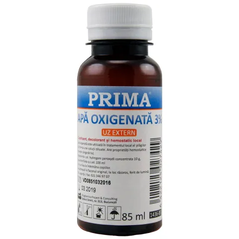 Apa oxigenata (peroxid de hidrogen) 3% PRIMA 85 ml, antiseptic, hemostatic, pentru rani si igiena orala