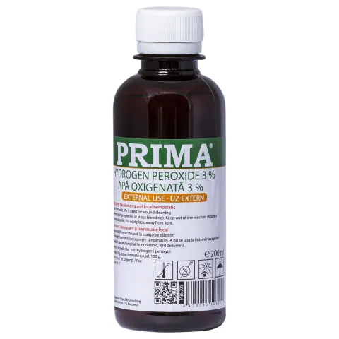 Apa oxigenata (peroxid de hidrogen) 3% PRIMA 200 ml, antiseptic, hemostatic, pentru rani si igiena orala