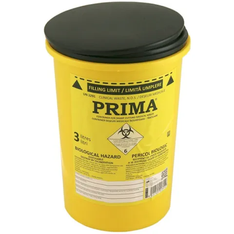 Recipient plastic pentru deseuri intepatoare, 3 litri, PRIMA, galben, unica folosinta, certificat ADR