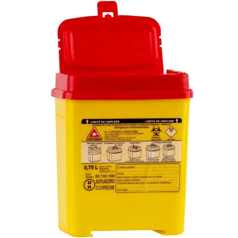 Recipient plastic pentru deseuri intepatoare, 0.75 litri, galben, unica folosinta, certificat ADR