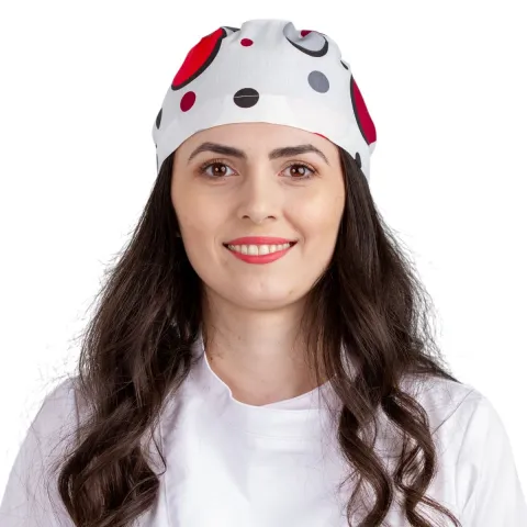 Bonetă medicală PRIMA Imprimeu buline roșii, unisex, cu legături, bumbac