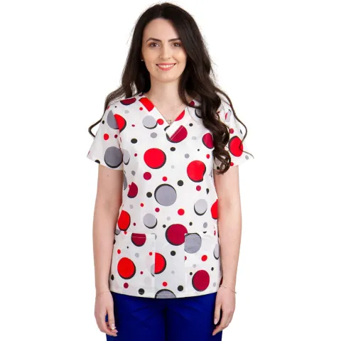 Bluza dama CLARA Imprimeu buline rosii, XS - Uniforma Medicala