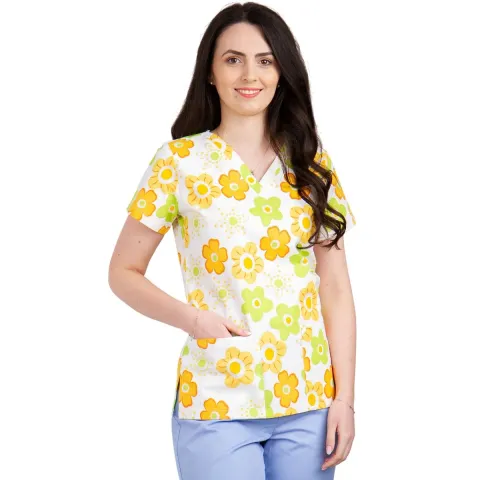 Bluza medicala dama CLARA Imprimeu, maneca scurta, 2 buzunare, flori verzi/portocalii, XS