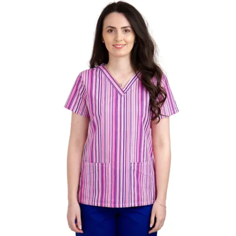 Bluza dama CLARA Imprimeu dungi mov - Uniforma Medicala