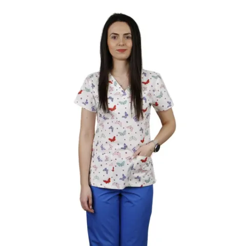 Bluza dama CLARA Imprimeu fluturi si flori - Uniforma Medicala