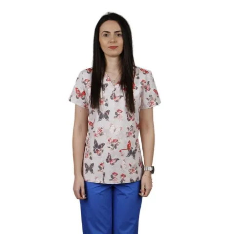 Bluza dama CLARA Imprimeu fluturi si trandafiri - Uniforma Medicala