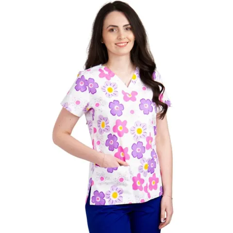 Bluza dama CLARA Imprimeu flori mov/roz - Uniforma Medicala