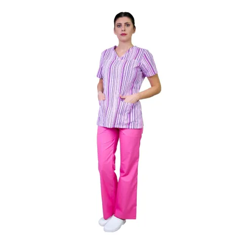Bluza dama TINA Imprimeu dungi mov, XS - Uniforma Medicala