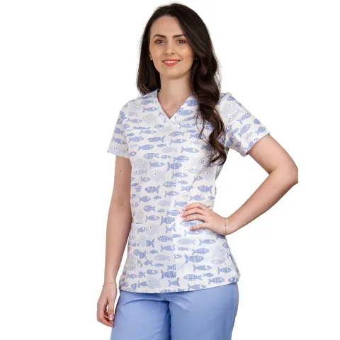 Bluza dama TINA Imprimeu cu pesti, XS - Uniforma Medicala