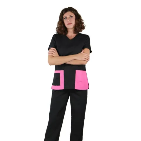 Bluza dama TINA Clasic neagra cu bordura roz inchis - Uniforma Medicala