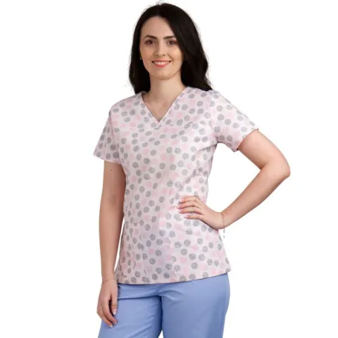 Bluza dama TINA Imprimeu roz cu buline - Uniforma Medicala