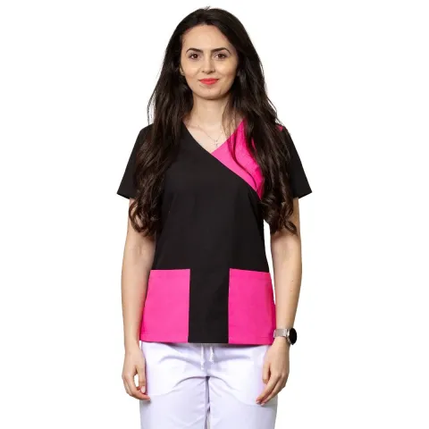 Bluza dama MIRA Clasic neagra cu bordura roz inchis - Uniforma Medicala