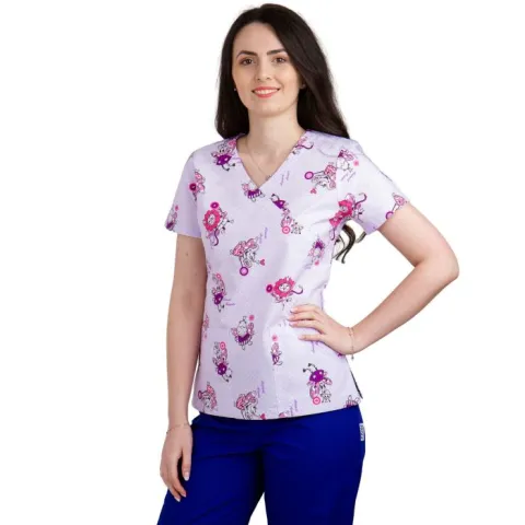Bluza dama MIRA Imprimeu animalute si buline lila - Uniforma Medicala