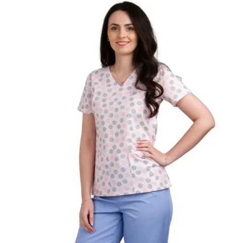 Bluza dama MIRA Imprimeu roz cu buline - Uniforma Medicala