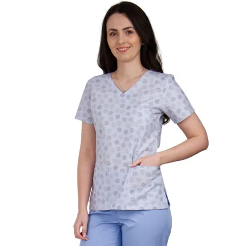 Bluza dama MIRA Imprimeu buline bleu - Uniforma Medicala