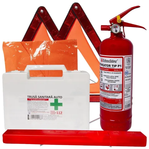 PRIMA Pachet Legislativ Auto cu Trusa de Prim Ajutor Auto 0600, Stingator 1 kg, Vesta si 2 Triunghiuri