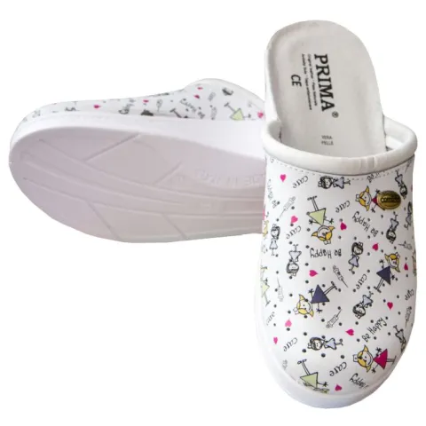 Saboti (papuci) medicali din piele naturala, dama, talpa confortabila, pentru spital, design pediatric cu desene copii, PRIMA
